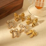 Gold color / 1 Pair Simple Series Sweet Bow Knot Stainless Steel  Gold Color Rhinestone Women's Stud Earrings Picture2